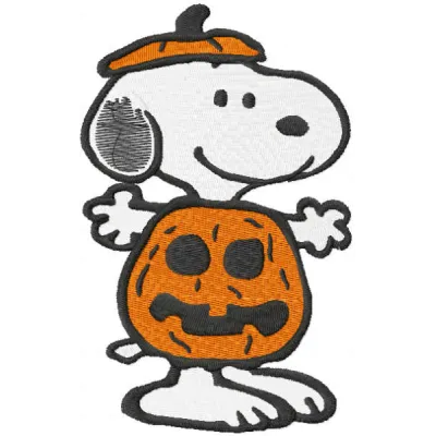 Snoopy Halloween pumpkin embroidery design featuring a playful Snoopy character with a carved pumpkin.
