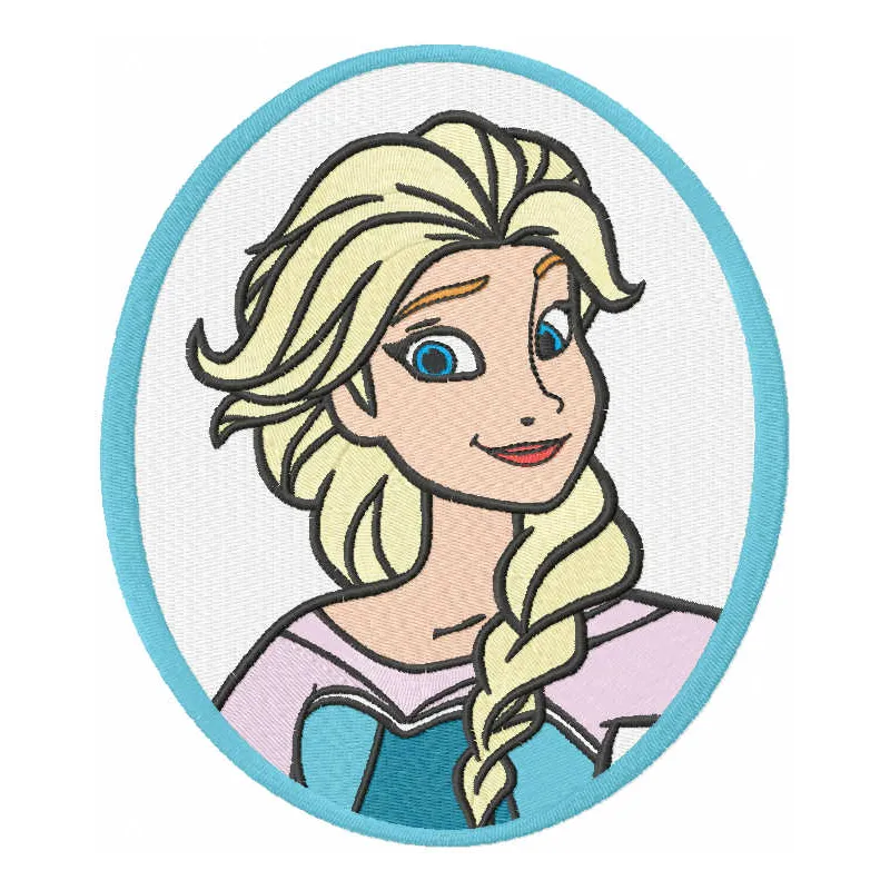 Embroidery design featuring Elsa in a decorative frame, ideal for Frozen-themed projects.