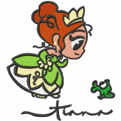 Cutie Teana and frog embroidery design featuring vibrant colors, perfect for embellishing garments and accessories.