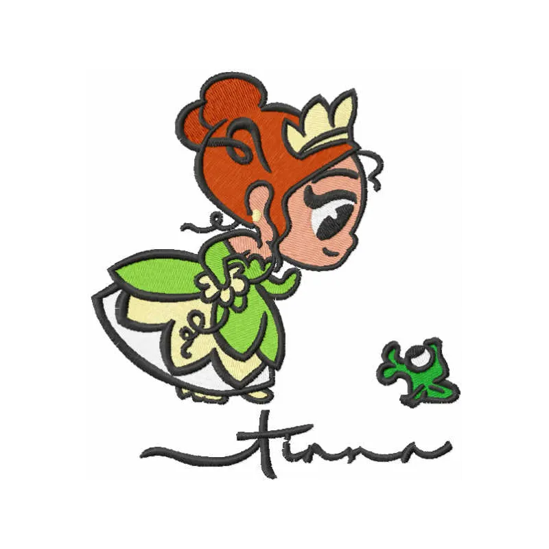 Cutie Teana and frog embroidery design featuring vibrant colors, perfect for embellishing garments and accessories.