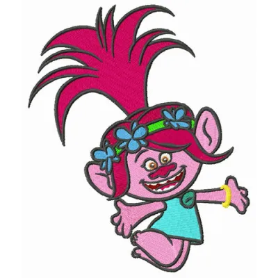 Poppy jumps embroidery design featuring a playful Trolls character, ideal for stitching on t-shirts and hoodies.