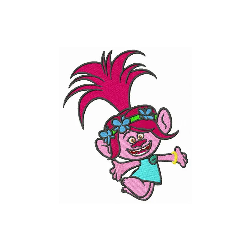 Poppy jumps embroidery design featuring a playful Trolls character, ideal for stitching on t-shirts and hoodies.