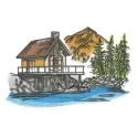 River house embroidery design showcasing a serene landscape, perfect for travel-themed projects and scenic stitching.