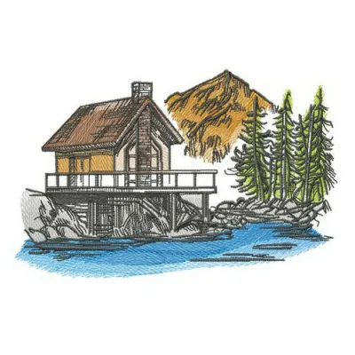 River house embroidery design showcasing a serene landscape, perfect for travel-themed projects and scenic stitching.