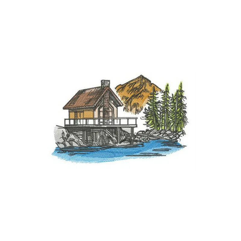River house embroidery design showcasing a serene landscape, perfect for travel-themed projects and scenic stitching.
