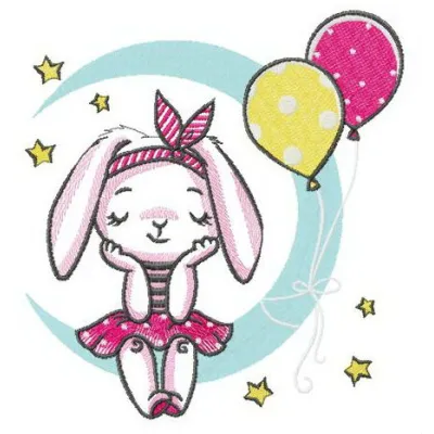 Bunny's birthday party embroidery design showcasing a playful bunny surrounded by festive decorations.