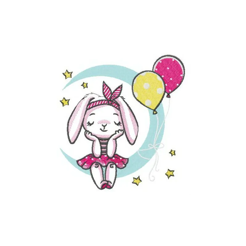 Bunny's birthday party embroidery design showcasing a playful bunny surrounded by festive decorations.