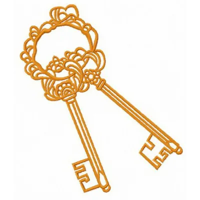 Golden keys embroidery design preview showcasing intricate stitching patterns for creative decor and FSL projects.