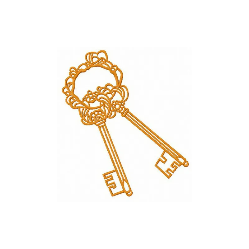 Golden keys embroidery design preview showcasing intricate stitching patterns for creative decor and FSL projects.