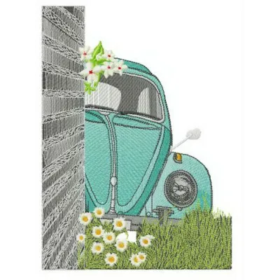 Bug hiding embroidery design featuring a whimsical bug nestled on a car, perfect for creative stitching projects.