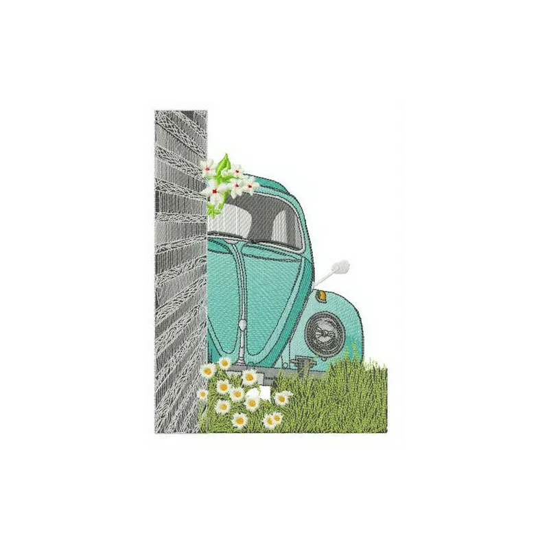 Bug hiding embroidery design featuring a whimsical bug nestled on a car, perfect for creative stitching projects.