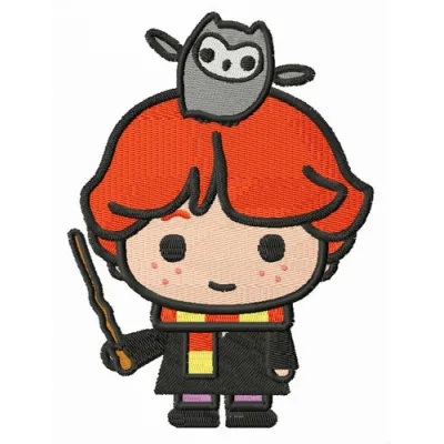 Ron Weasley with Pigwidgeon embroidery design featuring a whimsical portrayal of the beloved character.