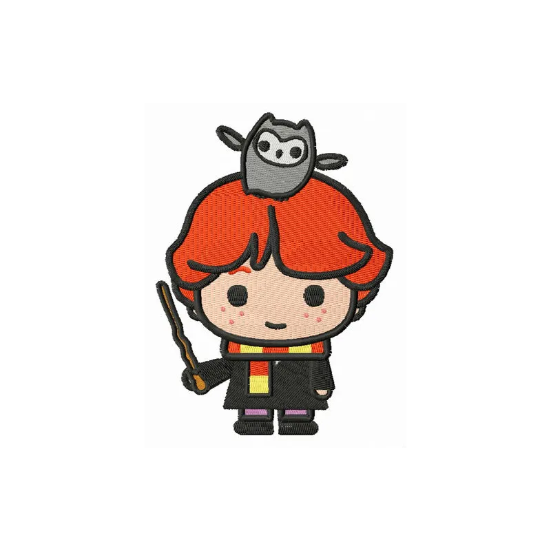 Ron Weasley with Pigwidgeon embroidery design featuring a whimsical portrayal of the beloved character.