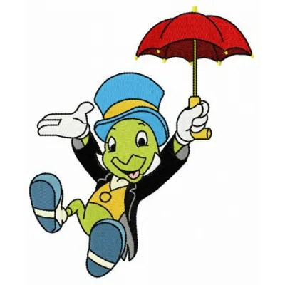 Jiminy Cricket embroidery design featuring the beloved character from Pinocchio, ideal for various stitched projects.