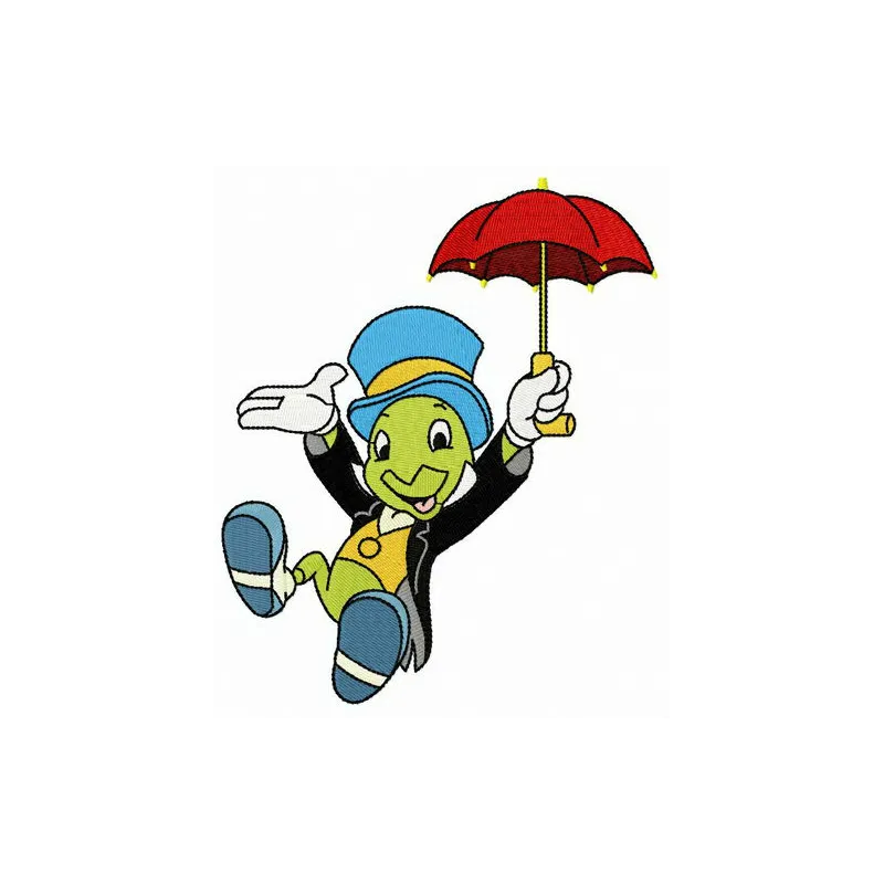 Jiminy Cricket embroidery design featuring the beloved character from Pinocchio, ideal for various stitched projects.