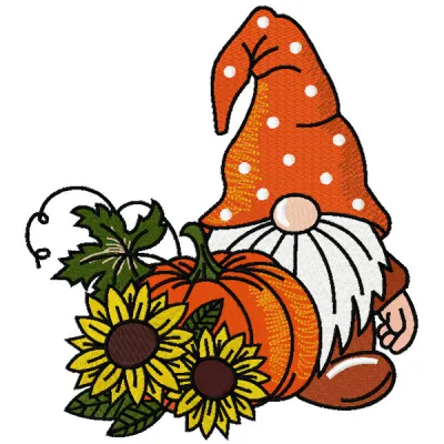Autumn gnome embroidery design featuring sunflowers, perfect for stitching on home decor and seasonal crafts.