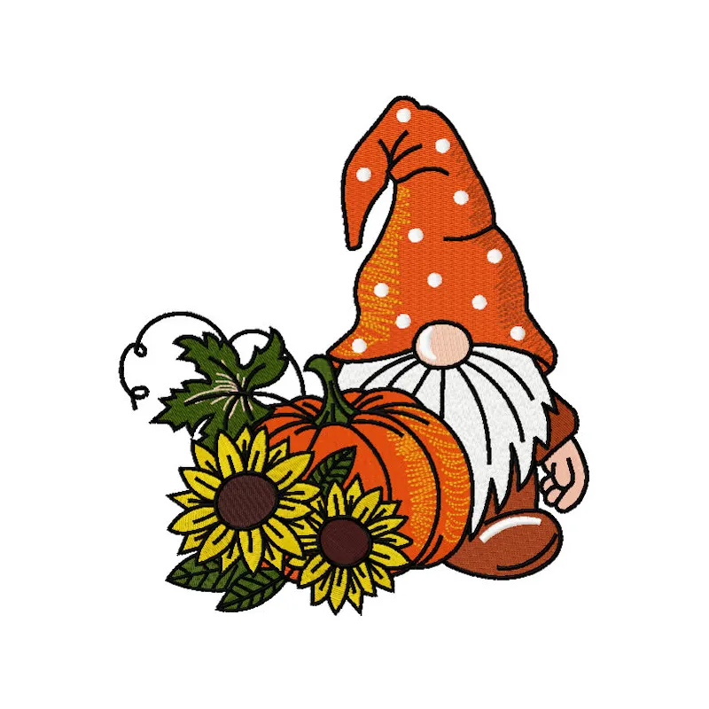 Autumn gnome embroidery design featuring sunflowers, perfect for stitching on home decor and seasonal crafts.