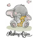 Embroidery design of a cute baby elephant holding a toy, perfect for stitching on baby onesies or blankets.