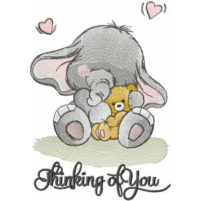 Embroidery design of a cute baby elephant holding a toy, perfect for stitching on baby onesies or blankets.