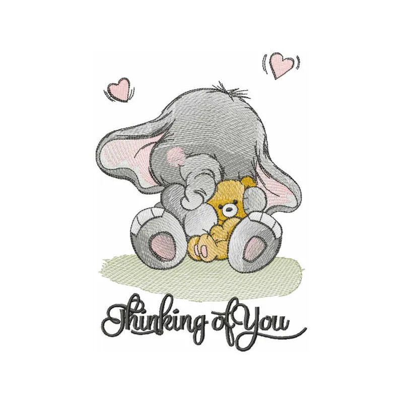 Embroidery design of a cute baby elephant holding a toy, perfect for stitching on baby onesies or blankets.