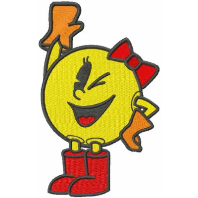 Preview of Pacman girl embroidery design featuring a playful character from the classic game, perfect for stitching.