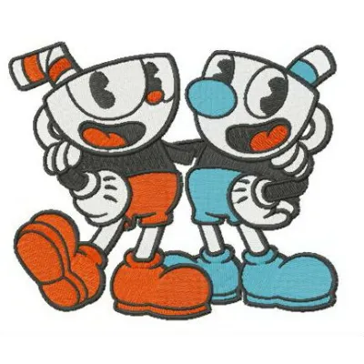 Cuphead and Mugman embroidery design featuring game heroes, perfect for stitching on t-shirts and tote bags.