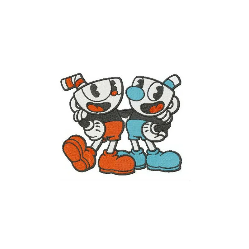 Cuphead and Mugman embroidery design featuring game heroes, perfect for stitching on t-shirts and tote bags.