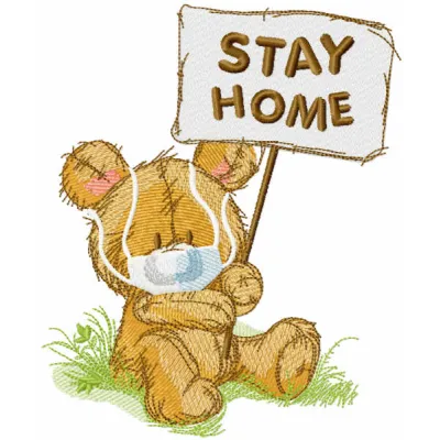 Teddy Stay Home embroidery design featuring a cozy teddy bear, perfect for stitching on pillows or baby onesies.