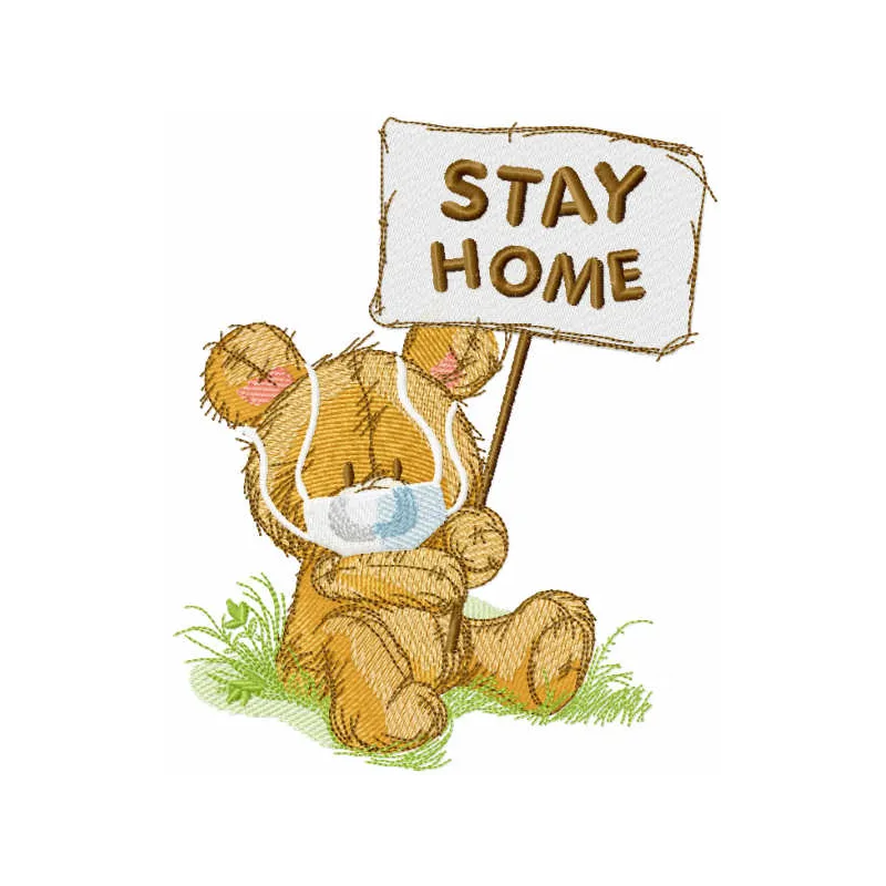 Teddy Stay Home embroidery design featuring a cozy teddy bear, perfect for stitching on pillows or baby onesies.