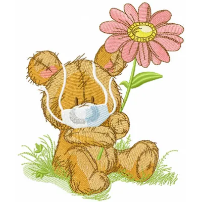 Embroidery design of a teddy bear wearing a medical mask, perfect for stitching on children's items.