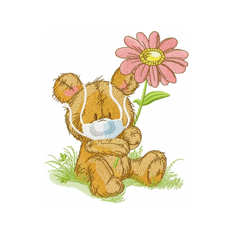 Embroidery design of a teddy bear wearing a medical mask, perfect for stitching on children's items.