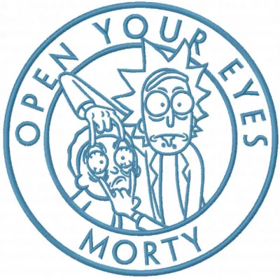 Open Your Eyes Morty embroidery design featuring a colorful motif inspired by Rick and Morty characters.
