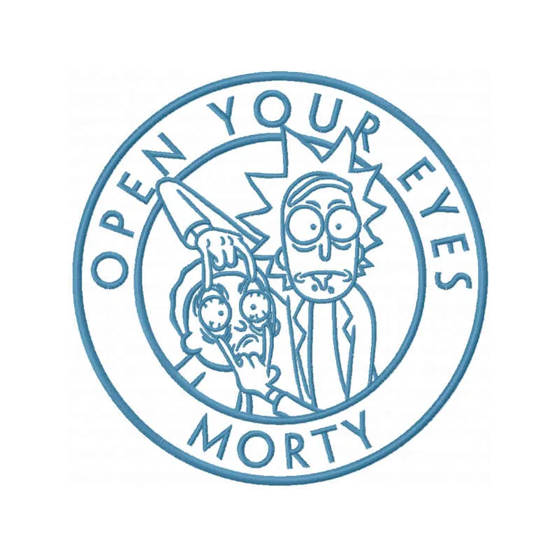 Open Your Eyes Morty embroidery design featuring a colorful motif inspired by Rick and Morty characters.