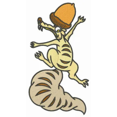 Scrat climbing with acorn embroidery design featuring the beloved character from Ice Age, ideal for fun stitching projects.