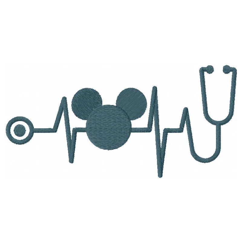 Mickey Mouse stethoscope embroidery design showcasing a playful motif for stitching on apparel or accessories.