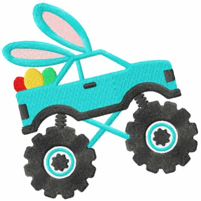 Easter Bunny truck embroidery design showcasing a charming truck carrying colorful Easter eggs, perfect for festive projects.
