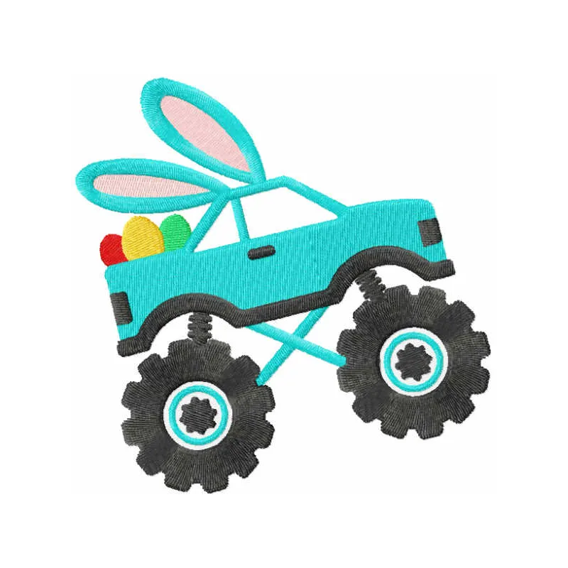 Easter Bunny truck embroidery design showcasing a charming truck carrying colorful Easter eggs, perfect for festive projects.
