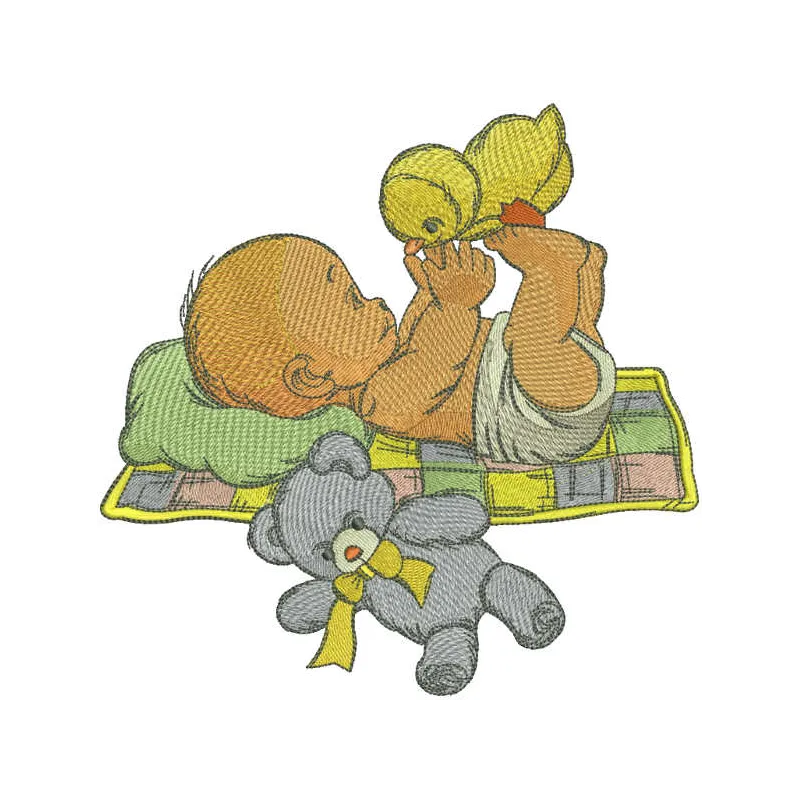 Embroidery design featuring a playful baby with a chicken, perfect for baby garments and accessories.