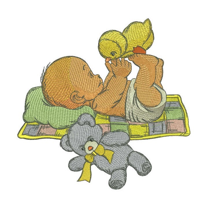 Playing baby with chicken embroidery design - Embroidery Design