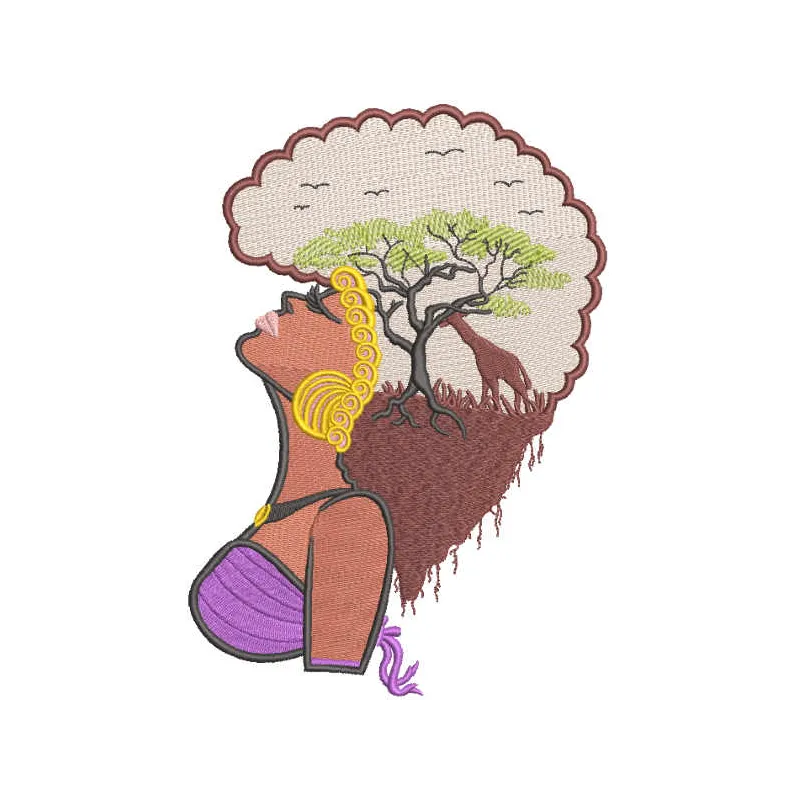Intricate Africa woman embroidery design showcasing cultural beauty, ideal for t-shirts, tote bags, and hoodies.