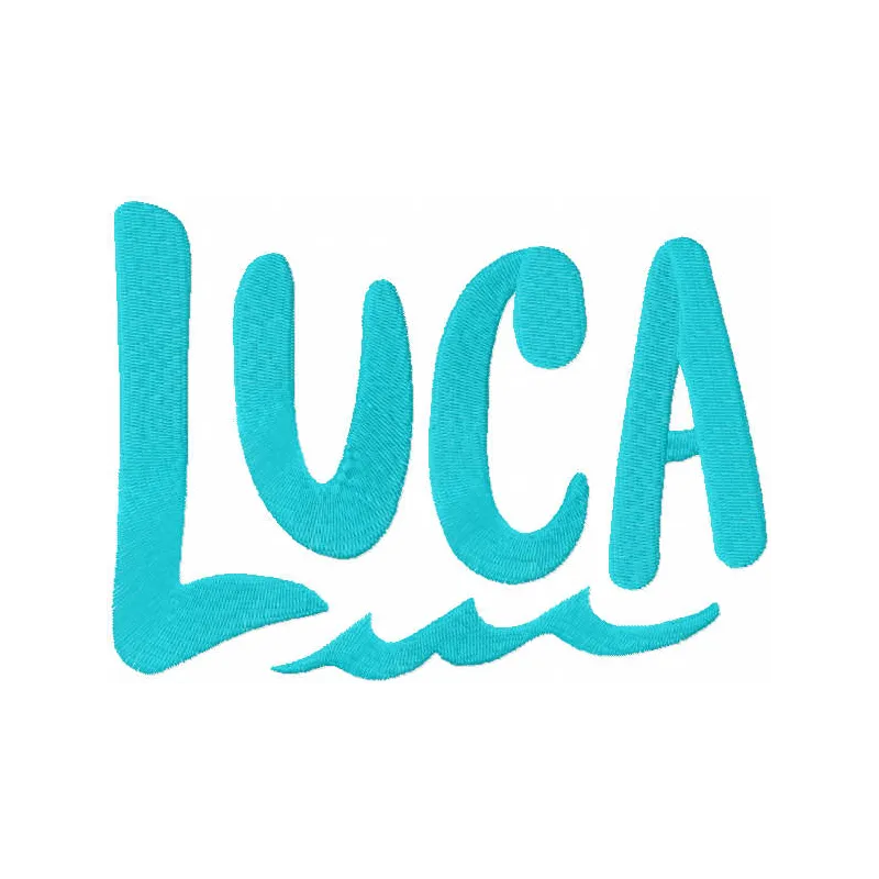 Luca movie logo embroidery design preview showcasing vibrant stitching patterns for creative projects.