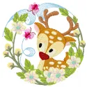 Fawn floral frame embroidery design featuring a delicate deer surrounded by vibrant flowers, ideal for embellishing projects.
