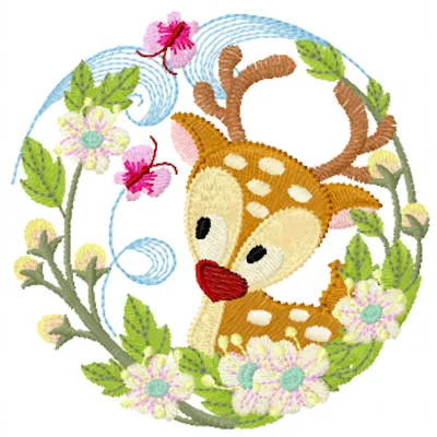Fawn floral frame embroidery design featuring a delicate deer surrounded by vibrant flowers, ideal for embellishing projects.