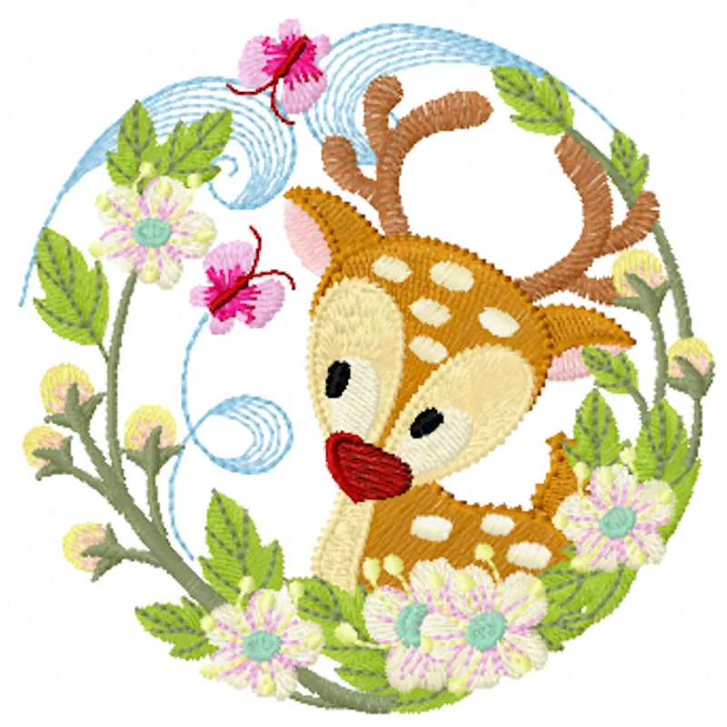 Fawn floral frame embroidery design featuring a delicate deer surrounded by vibrant flowers, ideal for embellishing projects.