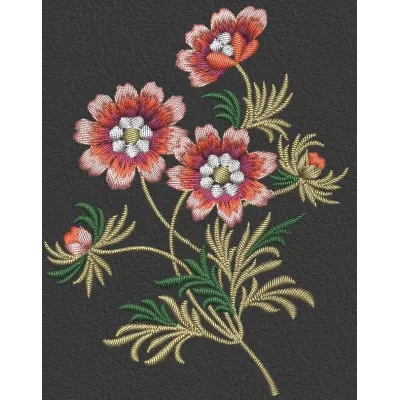 Embroidery design featuring vibrant flowers on a black background, ideal for various stitching projects.