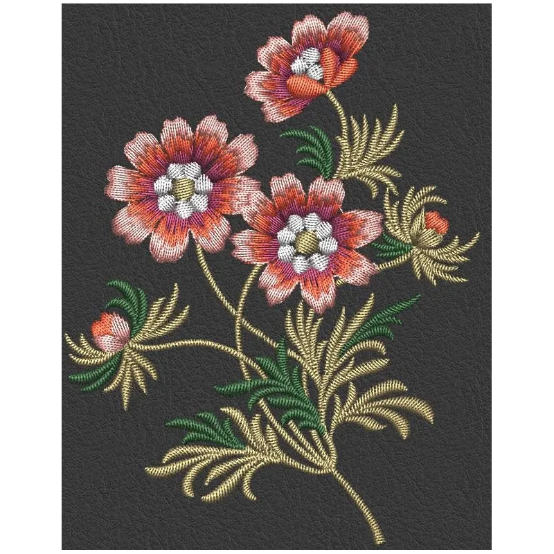 Embroidery design featuring vibrant flowers on a black background, ideal for various stitching projects.