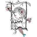 Embroidery design featuring a girl and a cat on a swing, perfect for romantic and love-themed projects.