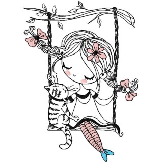 Girl and cat on a swing embroidery design - Embroidery Design