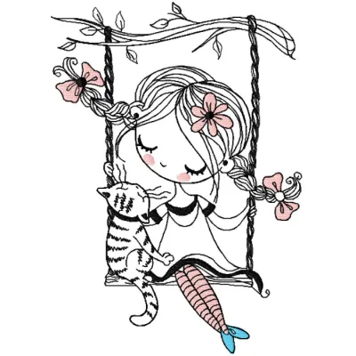 Embroidery design featuring a girl and a cat on a swing, perfect for romantic and love-themed projects.