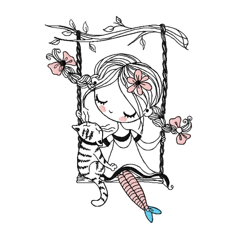 Embroidery design featuring a girl and a cat on a swing, perfect for romantic and love-themed projects.